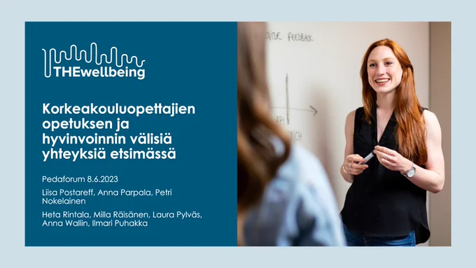 PowerPoint-esityksen otsikkosivu: Korkeakouluopettajien opetuksen ja hyvinvoinnin välisiä yhteyksiä etsimässä