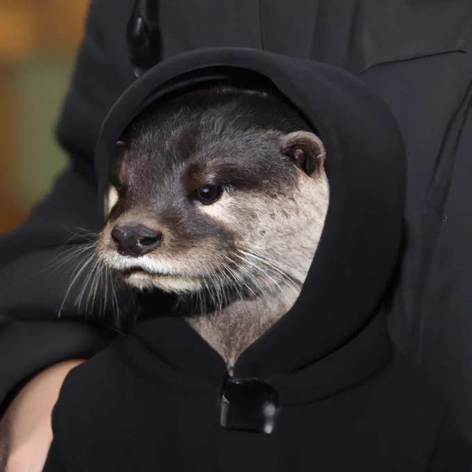 a small clawed otter wearing a black hoodie