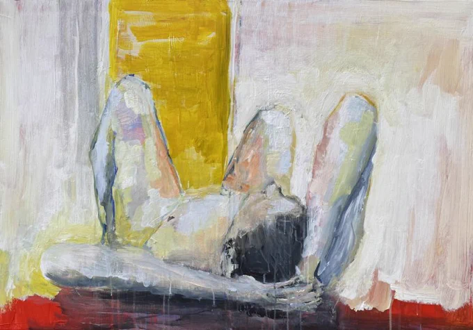 Image: painting of a reclining nude, realistically depicted, head closest to us, legs farthest, knees bent, right elbow raised; in the background is a partially occluded rectangle of strong orange-yellow • "The University of Atypical is delighted to invite you to join us for the launch of, Upside Down an exhibition of new work by artist Ciaran Magill opening at 5pm on Thursday the 4th of May as part of the Late Night Art scheme  Bodies in motion, bodies at rest. This exhibition of figurative paintings explores the artist’s fascination with high-energy athletic poses offset against quiet contemplative positions within a domestic setting.    The acrobatic males are like an astral-projection of the artist’s own dreams, often imagined while lying on his bed. Likewise, the levitating females allude to gender politics, a recurring theme in the artist’s sixteen -year career.    With fifteen solo shows to date, this is Ciaran’s first ever solo exhibition of work focused on the human figure…"