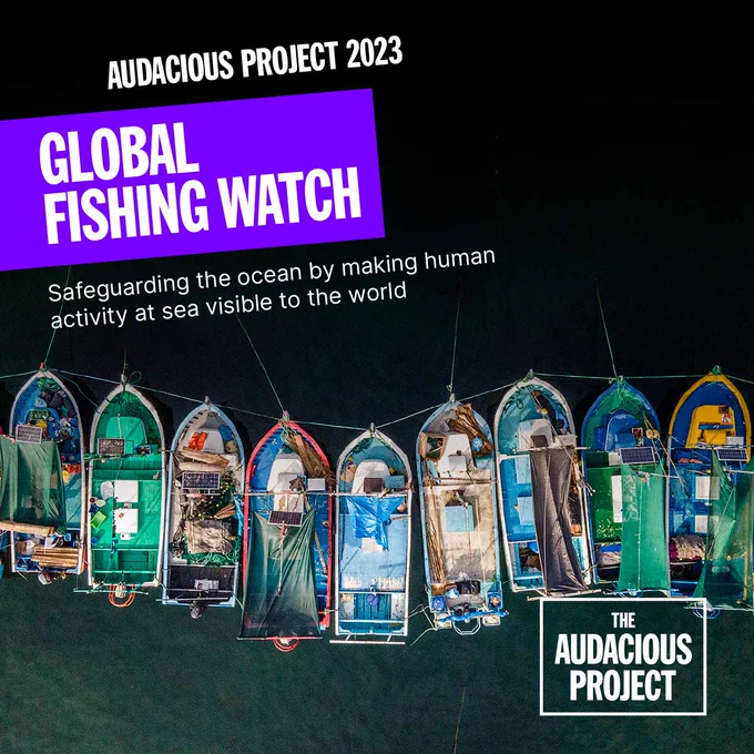 Aerial photo looking down at a line of colorful fishing boats, text overlay reads "Audacious Project 2023, Global Fishing Watch, Safeguarding the ocean by making human activity at sea visible to the world"