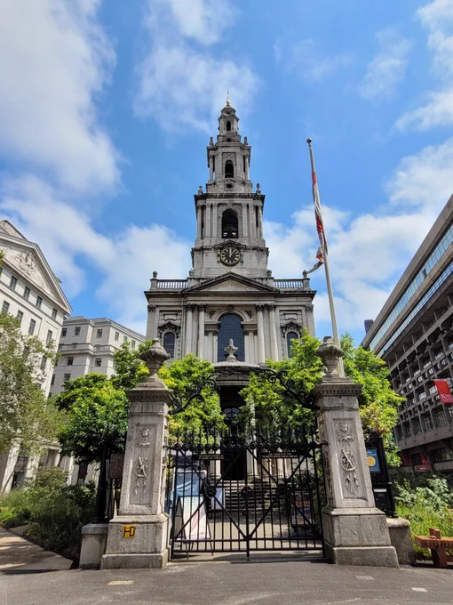 View of St Mary le Strands entrance, bit Bush House and King's in the background.