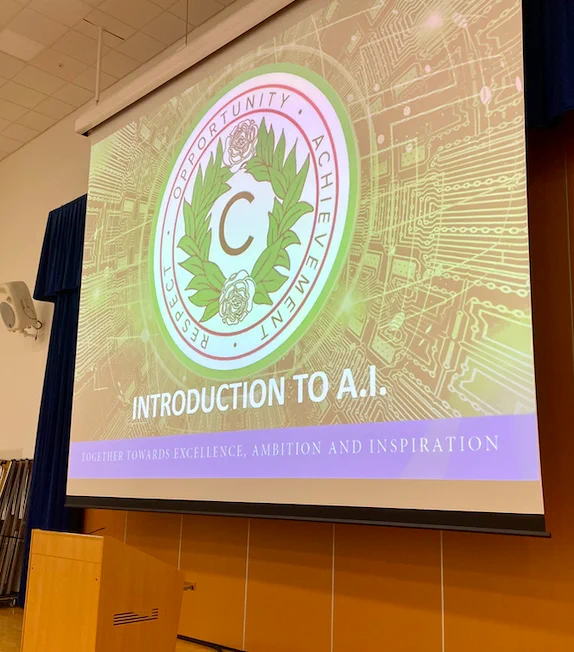 Display screen at Challney High School for Girls showing the first slide of an Introduction to A.I. presentation.