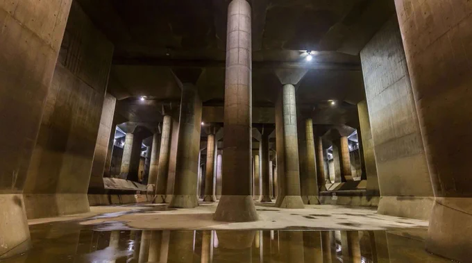 Interior del G-CANS de Tokio. Una descomunal sala llena de columnas gigantescas de hormigón. Getty.