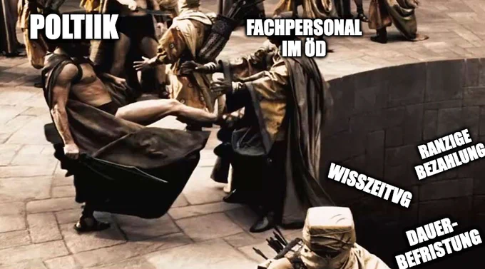 Szene aus dem Film "300". Die Figur des Leonidas (betitelt mit "Politik") tritt einen Boten ("Fachpersonal im ÖD") in eine Grube, deren Boden nicht sichtbar ist. Die Gruppe trägt mehrere Titel: "WissZeitVG", "Ranzige Bezahlung" und "Dauerbefristung".