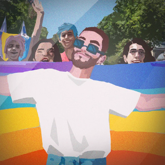 Concept art showing a young white man in sunglasses and a white tee shirt holding up an upside-down rainbow flag, with a group of friends behind him. The colors are a little desaturated and the shapes have a bit more of a sketch-like appearance.