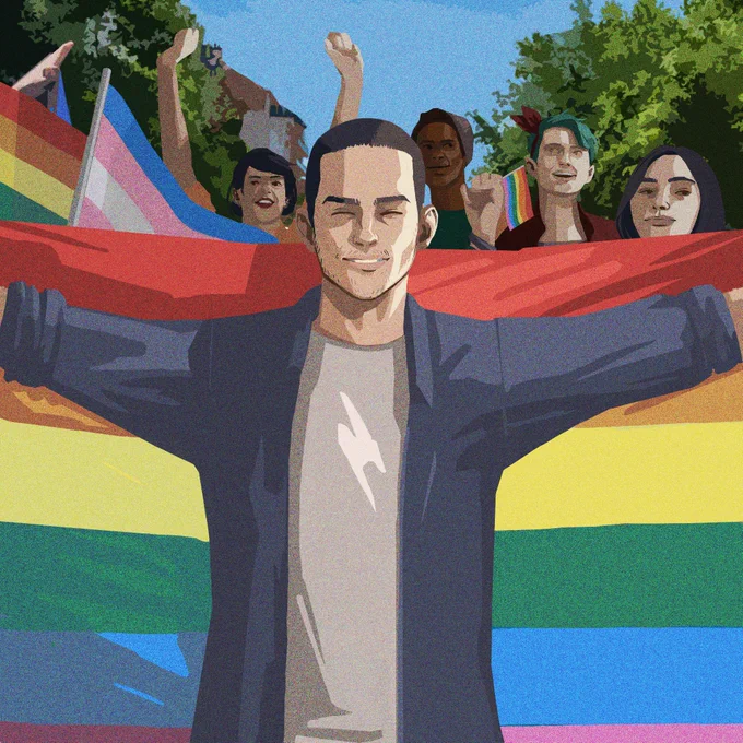 Concept art showing a young white man in a denim shirt holding up a right-side-up rainbow flag, with a group of friends behind him; someone is holding a trans flag as well.