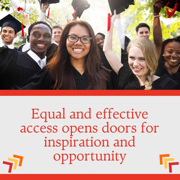Graduates holding cap in the air with tree leaves and sunlight in the background. Below image, text in red-orange font:  Equal and effective access opens doors for inspiration and opportunity.