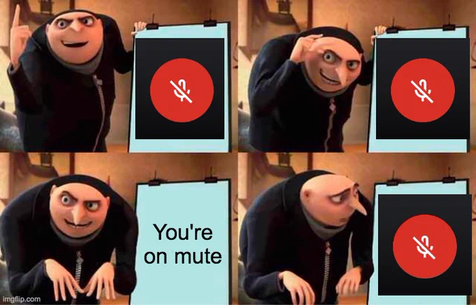 Gru gesturing wildly in front of a muted icon. He continues gesturing. Finally someone says "you're on mute". He looks over at the icon in dismay 
