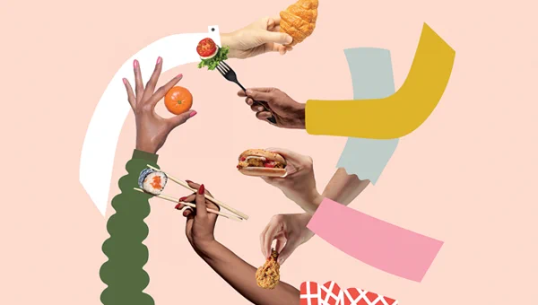 In this cover image from CASE's magazine Currents, five illustrated hands hold various food items, like a croissant, a sushi, roll, and an orange.