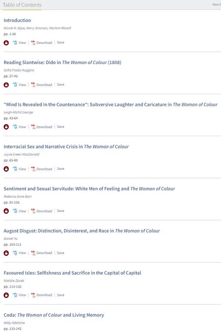 New Essays on The Woman of Colour (1808) introduction by Nicole N. Aljoe, Kerry Sinanan, and Mariam Wassif
Reading Slantwise: Dido in The Woman of Colour (1808)
By Sofia Prado Huggins
“Mind Is Revealed in the Countenance”: Subversive Laughter and Caricature in The Woman of Colour
By Leigh-Michil George
Interracial Sex and Narrative Crisis in The Woman of Colour
By Joyce Green MacDonald
Sentiment and Sexual Servitude: White Men of Feeling and The Woman of Colour
By Rebecca Anne Barr
August Disgust: Distinction, Disinterest, and Race in The Woman of Colour
By Daniel Yu
Favoured Isles: Selfishness and Sacrifice in the Capital of Capital
By Natalie Zacek
Coda: The Woman of Colour and Living Memory
By Addy Adelaine
