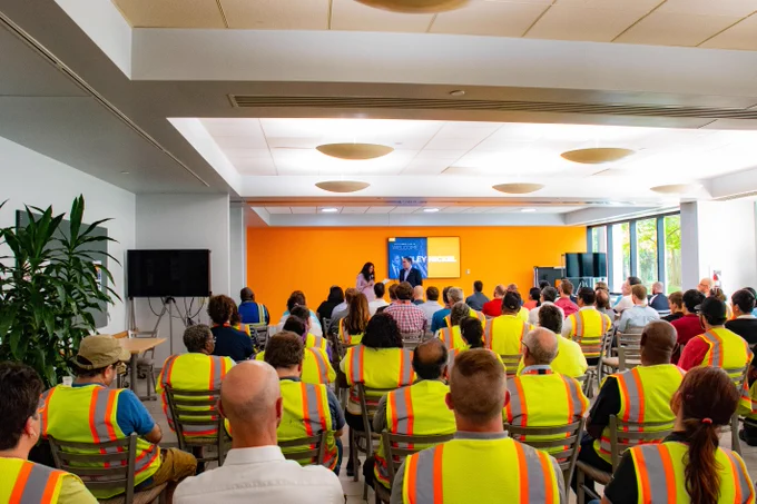 Rep. Wiley Nickel at a town hall event at TE Connectivity's Energy plant in Fuquay-Varina, NC. 