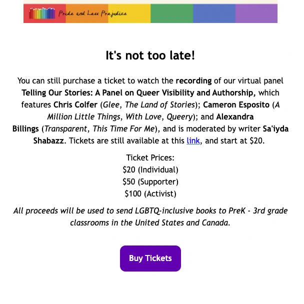 Stripe of rainbow colors at top, Pride and Less Prejudice logo, row of book spines in rainbow colors
