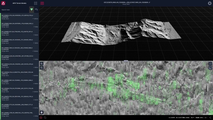 A screenshot of the AreoBrowser website. On the left of the screen, there is a narrow side-bar with a vertical scrolling list of all models that can be viewed. To the right of that are two panels stacked on top of each other, filling the rest of the screen. The top panel is a 3D view of the selected model - in this case a dramatic slice of mountainous terrain in the Valles Marineris canyon, one of Mars' most striking features. The bottom pane shows a map view of the Martian surface, zoomed into show Valles Marineris. On top of the black and white map image are many green rectangles, each of which represents a model that is available to view in 3D.