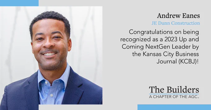 Infographic congratulating Andrew Eanes for being recognized as a 2023 Up and Coming NextGen Leader by the KCBJ with an image of Andrew.