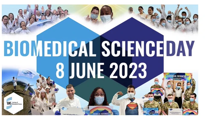 Banner showing biomedical scientists at work to celebrate biomedical science day 2023