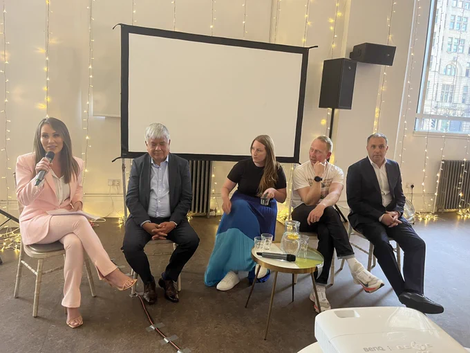 Panel left to right #AmbitiousLCR Entrepreneurs and Innovators panel - Rod Wah of @BeverstonEng, Jen Fenner of @DefProcEng, Ben Sweeney of @TheVidiVet and Tony Caldeira of Caldeira Ltd sat with host Ellie Phillips