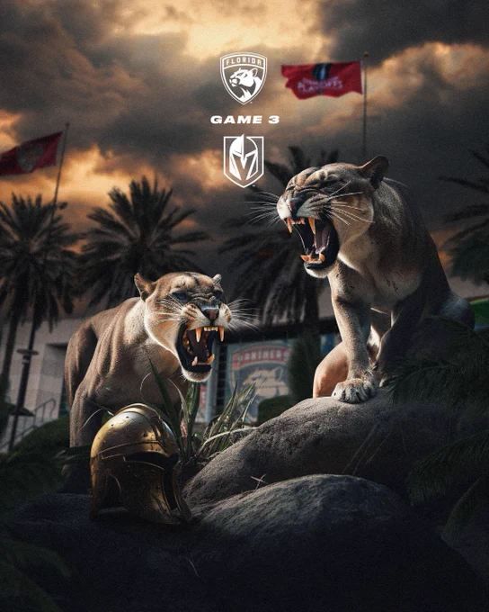 Graphic depicting two Florida Panthers defending FLA Live Arena. They are both snarling while sitting on rocks in front of our home arena. There is a Golden Knight helmet sitting in front of the left panther.

The sky is dark and cloudy with patches of light shining through.

At the top there is a white Florida Panthers logo sitting above a white "Game 3" and the Vegas Golden Knights logo.