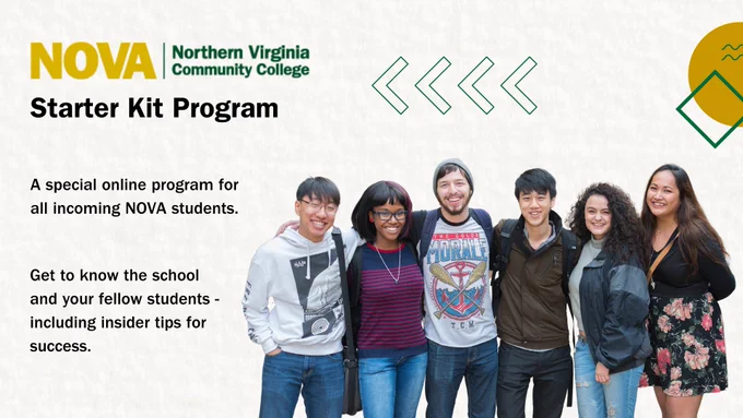 A graphic with a picture of a group of students smiling at the camera, alongside the text: NOVA Starter Kit Program. A special online program for all incoming NOVA students. Get to know the school and your fellow students - including insider tips for success.