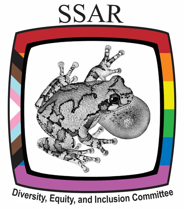 SSAR DEI Committee logo featuring the original gray treefrog image surrounded by a frame of the Progress Pride Flag.