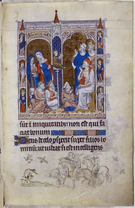 Leaf from the Queen Mary Psalter - with miniature illumination showing Christ in the Temple speaking to the doctors.