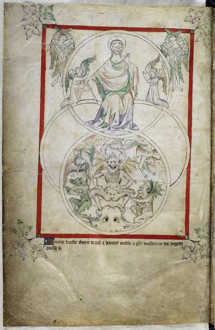 Leaf from the Queen Mary Psalter - with miniature illumination showing God the Creator, accompanied by angels and demons.