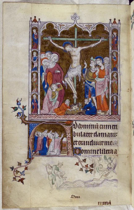 Leaf from the Queen Mary Psalter - with miniature illumination showing Christ's crucifixion.