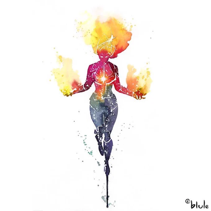 A watercolor illustration of Captain Marvel, her hair and arms aflame.