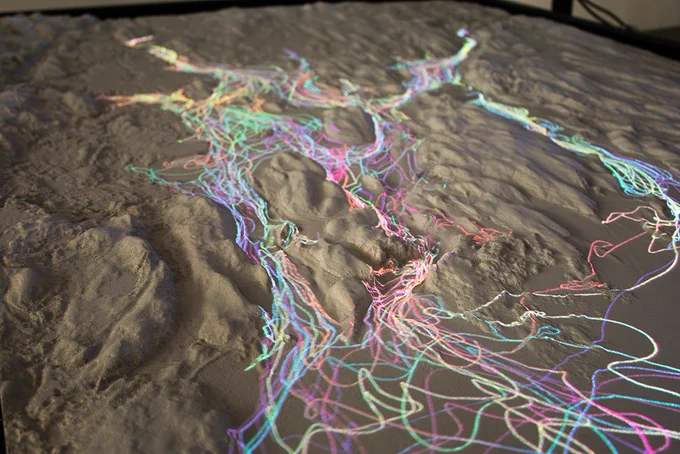 A depiction of "drifters," or modeled lines that simulate water circulation throughout Narragansett Bay. This visualization was created through Kevin Rosa, a Vis-a-Thon participant. 