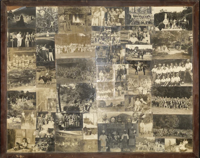 This large collage contains photographs of various indoor and outdoor activities at Camp Yonahlossee (Blowing Rock, N.C.) as well as group portraits and photographs of camp founders, Dr. Adam Perry and Margaret Kephart. One photograph is marked "1940."