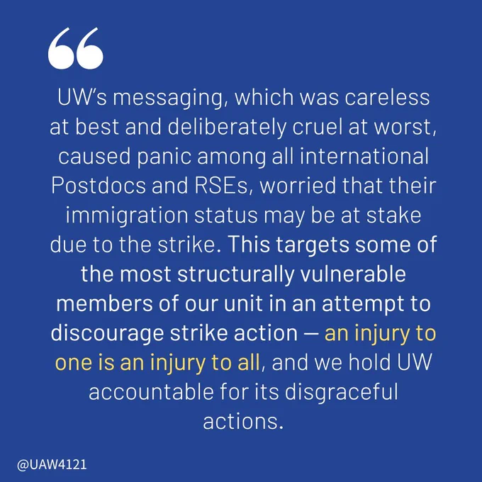 Blue text-based graphic with a quote excerpt from UAW 4121's statement to UW.