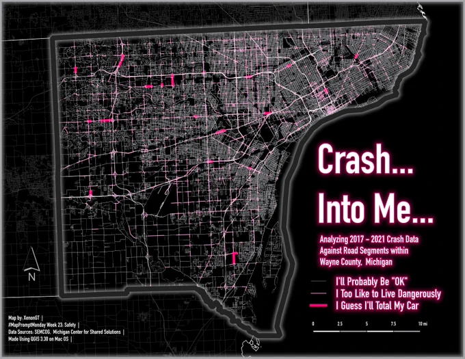 Dark map of Wayne County, Michigan highlighting road segments with mostly grayish lines but pink and hot pink show areas with higher concentrations of crashes.