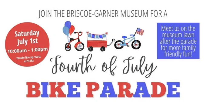 Graphic for Fourth of July Bike Parade, Saturday, July 1, 10:00 a.m.-1:00 p.m. Meet us on the museum lawn after the parade for more family friendly fun!