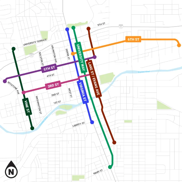 Image of a map that shows Vine Street in dark green, Virginia Street in blue, University Way in light green, Lake Street and Evans Avenue in red, 3rd Street in pink, 5th Street in purple, and 6th Street in orange. 
