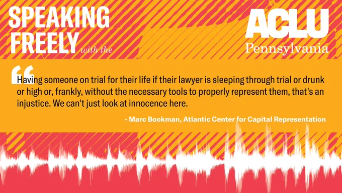 A megaphone in a red and yellow filter on top of a white waveform with a quote that describes the importance of proper attorney representation.