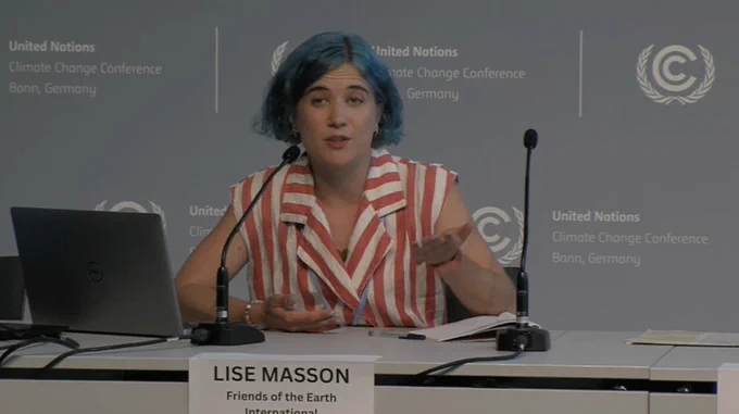 Lise Masson of Friends of the Earth International speaks on a panel at the United Nations Climate Change Conference in Bonn, Germany.