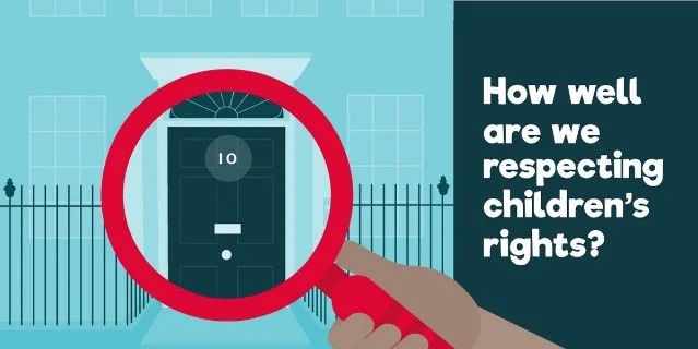 Someone looking at the door of number 10 Downing Street through a magnifying glass. "How well are we respecting children's rights?"