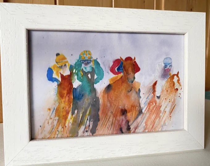 Walk art! A small framed watercolour print of Horses racing I also have personalised cards of this image https://www.etsy.com/uk/listing/1327815177 #horseart #fathersday #giftforhim #birthdaygiftfordad #cardsbymormorjan