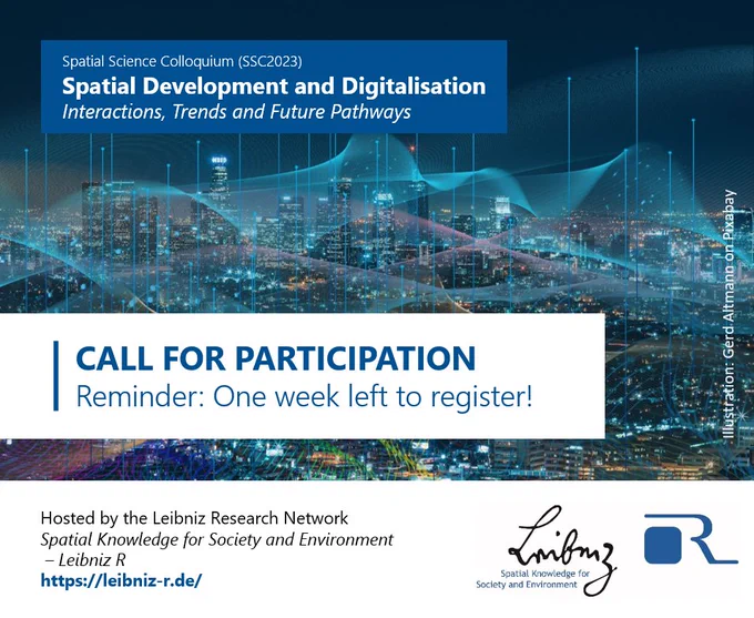 Invitation flyer for the Spatial Science Colloquium (RWK2023) Spatial Development and Digitalisation. Interactions, trends and development paths. Register now for 4 July 2023 online and 5 July 2023 in Berlin.