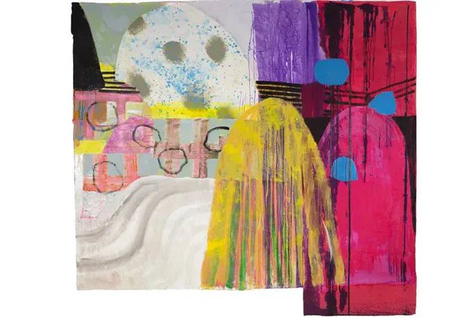 Image: Eamon Colman, Echoes from Time, 2022-2023. Mixed media on 360 gram Awagami paper, 300 x 300 cm. © Eamon Colman. Courtesy the artist. Photography Anthony Hobbs. – lively, colourful artwork, mostly abstract; suggestion of mounds, or even (people dressed up as) ghosts (due to shoots over their heads); format almost square – there seems to be a rectangular chunk missing bottom left  • "Butler Gallery is delighted to present Twenty Eight Acres, an exhibition of new works on paper by Kilkenny-based visual artist Eamon Colman. Colman has spent many years walking the length and breadth of the Twenty Eight Acres, a site located along the Castlecomer Plateaux in north County Kilkenny where mining began in the mid-17 th Century with the extraction of iron ore. In later years, coal deposits were found beneath the shale and these were to form the basis of the coal mining industry in the area which lasted for over 300 years. The Twenty Eight Acres site was used as a slag heap for spoils…"