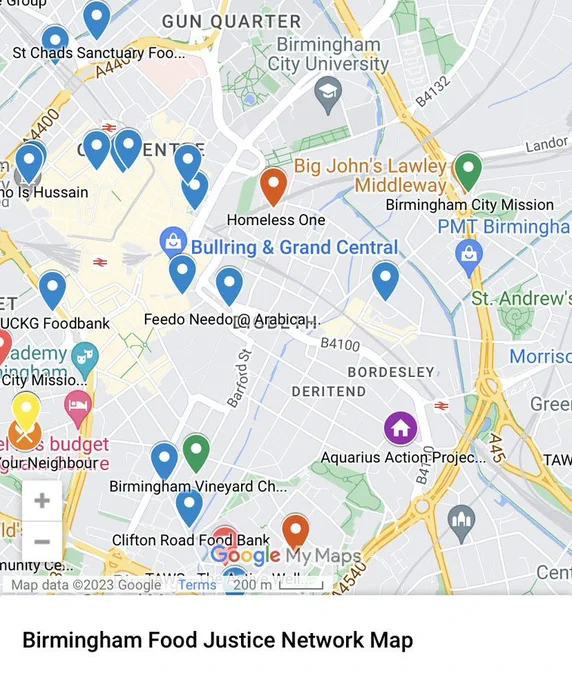 Snapshot of a Google map showing Birmingham Food Justice Network