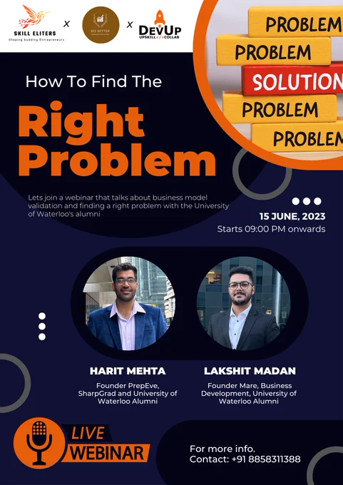Do you have a burning desire to solve problems?

Do you want to build products that make a difference in the world?

If so, then you need to attend our upcoming webinar on how to find the right problem to solve.

Join us on June 15th at 9 pm for a talk with two alumni of the University of Waterloo, who have successfully built and scaled their own startups. They will share their insights on how to identify problems that are worth solving, and how to build products that people love.

This webinar is for developers of all levels, so whether you're just starting out or you're a seasoned pro, there's something for you.

Register for free here: https://forms.gle/LXkQvEfYSrTfyL3DA

We can't wait to see you there!

KIET Group of Institutions, Delhi NCR
Website: www.kiet.edu | Toll-Free: 1800 313 0056

#kiet_group_of_institutions #KIETGZB #kietengineeringcollege #KIET #AKTU #AICTE #TopEngineeringCollege  #student  #KIETGroupofInstitutions #TopEngineeringCollegesinDelhiNCR 