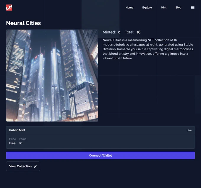 Screen capture of the LooksMintable minting page, featuring a AI generated NFT collection