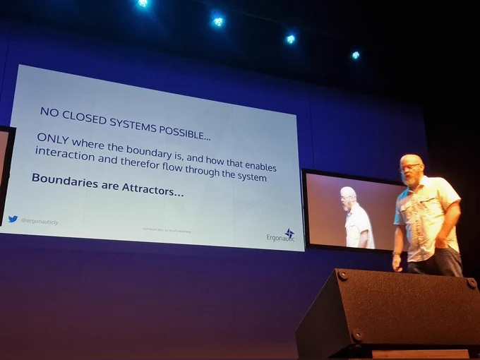 Jabe Bloom in from of a slide saying NO CLOSED SYSTEMS POSSIBLE...

ONLY where the boundary is, and how that enables interaction and therefor flow through the system

Boundaries are Attractors...