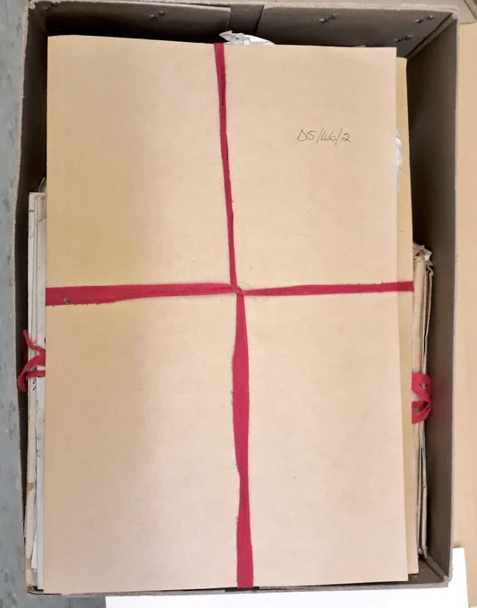 An archive box with card folders tied with red ribbon