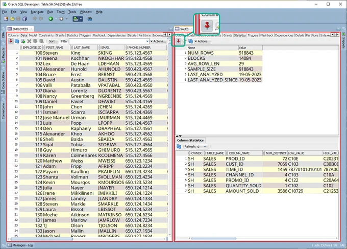 Oracle SQL Developer with the HR.EMPLOYEES and SH.SALES open for browsing at the same time. Use the Document Tab Groups feature to concurrently work on multiple objects or editors in the same desktop prsentation. 