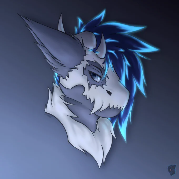 headshot of a dragon with skull fangs and horns. long shiny blue hair

-
https://www.furaffinity.net/user/brygaht