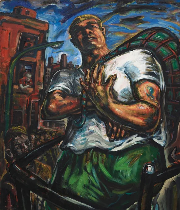 Painting of a figure in an urban landscape holding what could be bagpipes - wearing green trousers and a white top. 