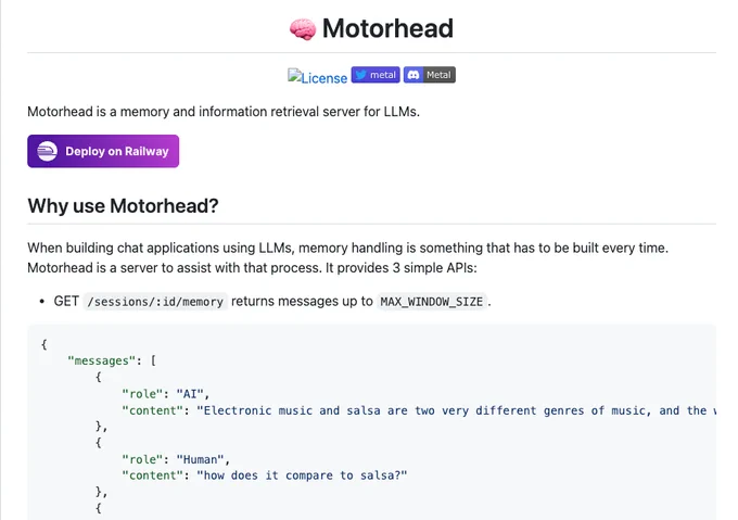 Motorhead
An open source memory and information retrieval server for LLMs written in Rust.

Screenshot of its repository README in GitHub.