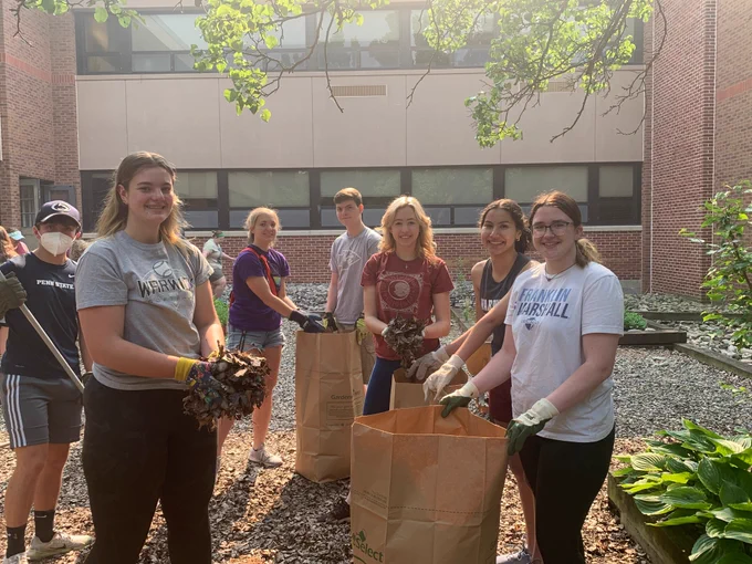 group of people filling trashbags with dead leaves