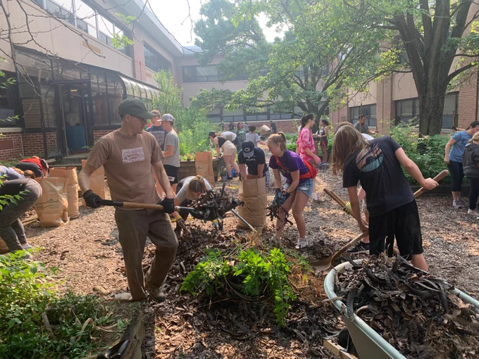 group of people using shoves to collect dead leaves